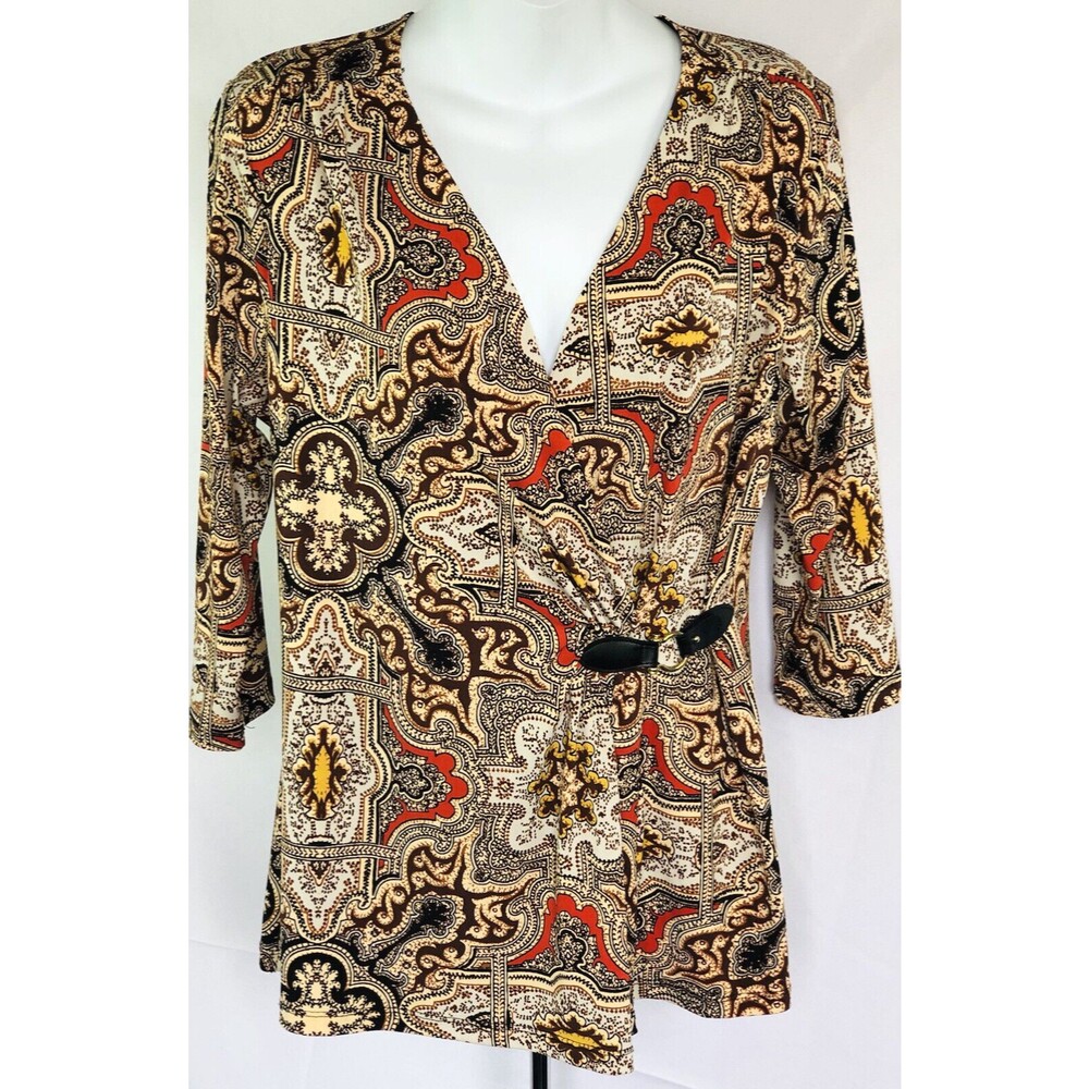 Vintage mock wrap Top L Brown/Red geo V-Neck 3/4 Sleeve Belt Accent boho hippie